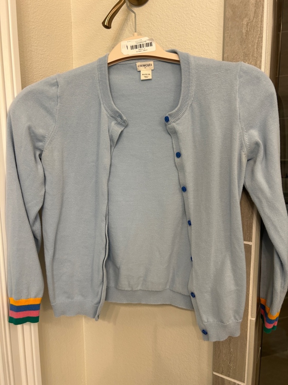 Crewcuts Light Blue Girls' Button Cardigan with Striped Cuffs